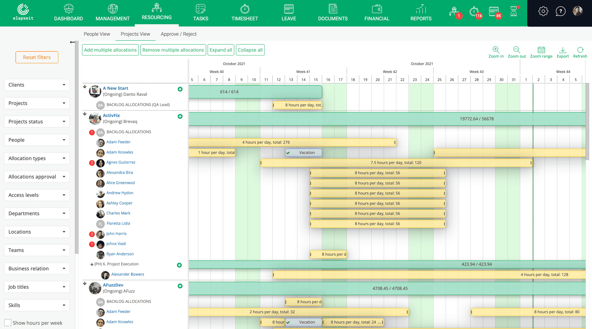 La vue Projet dans le elapseit Resource Planner affiche les allocations sur chaque projet.