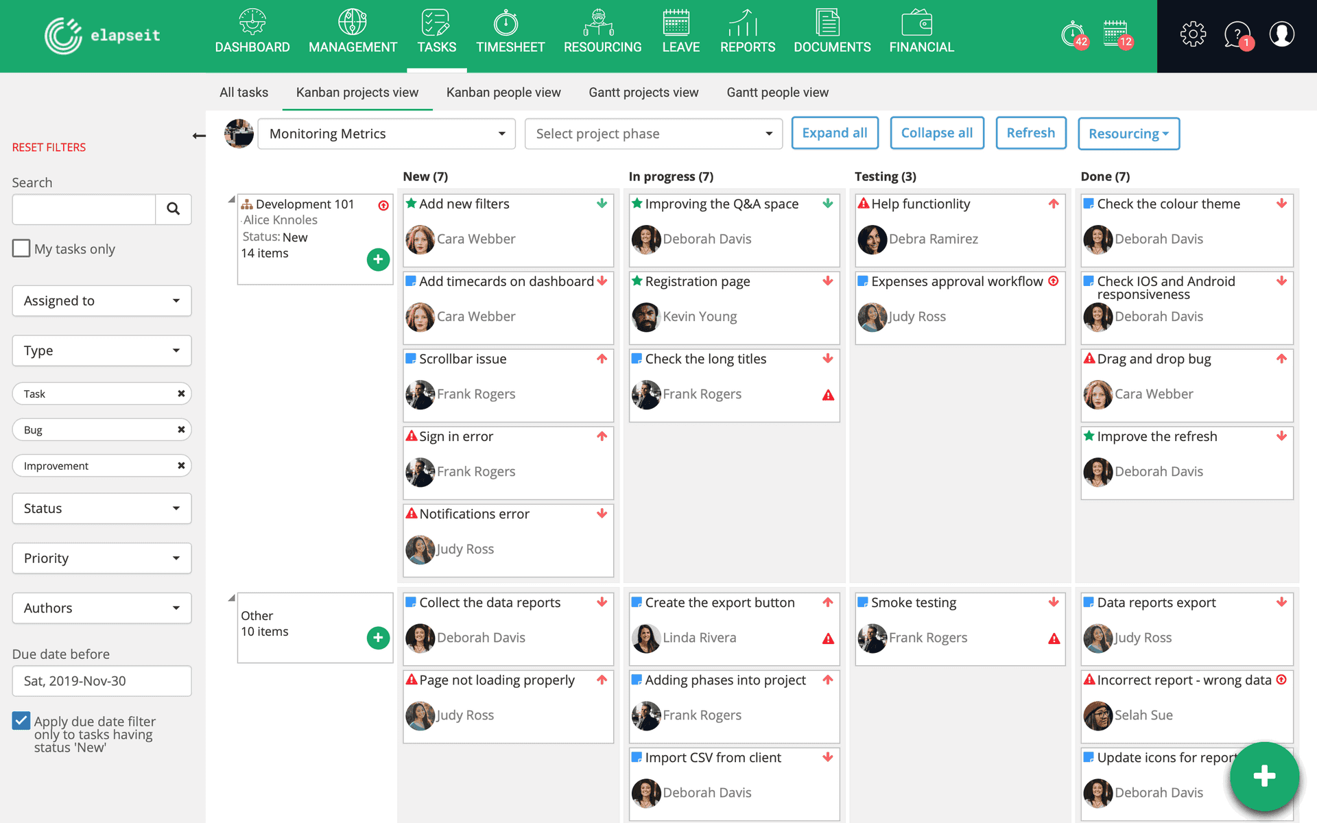 Vue du projet Kanban dans elapseit