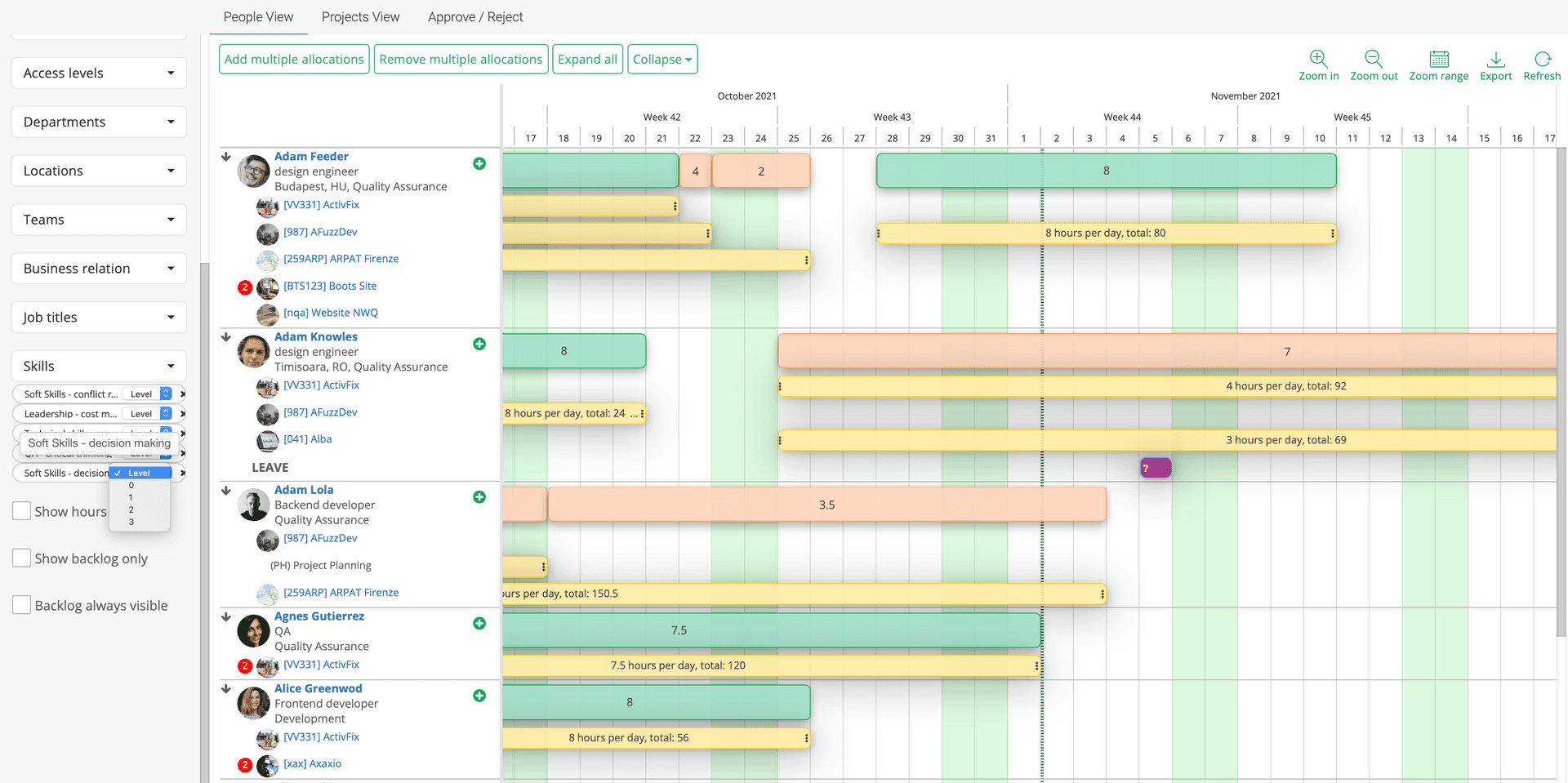 Effectuez une sélection des compétences dans le planificateur de ressources, puis allouez des ressources à vos projets.