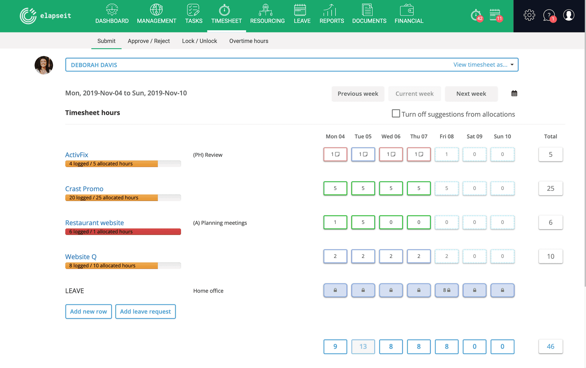 Vue de la feuille de temps avec les heures allouées et enregistrées sur chaque projet.